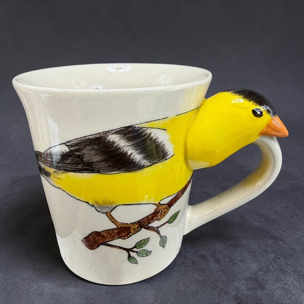 Hand Painted Goldfinch Bird Coffee Mug 3D Handle Ceramic Tea Cup Thailand 3.5in